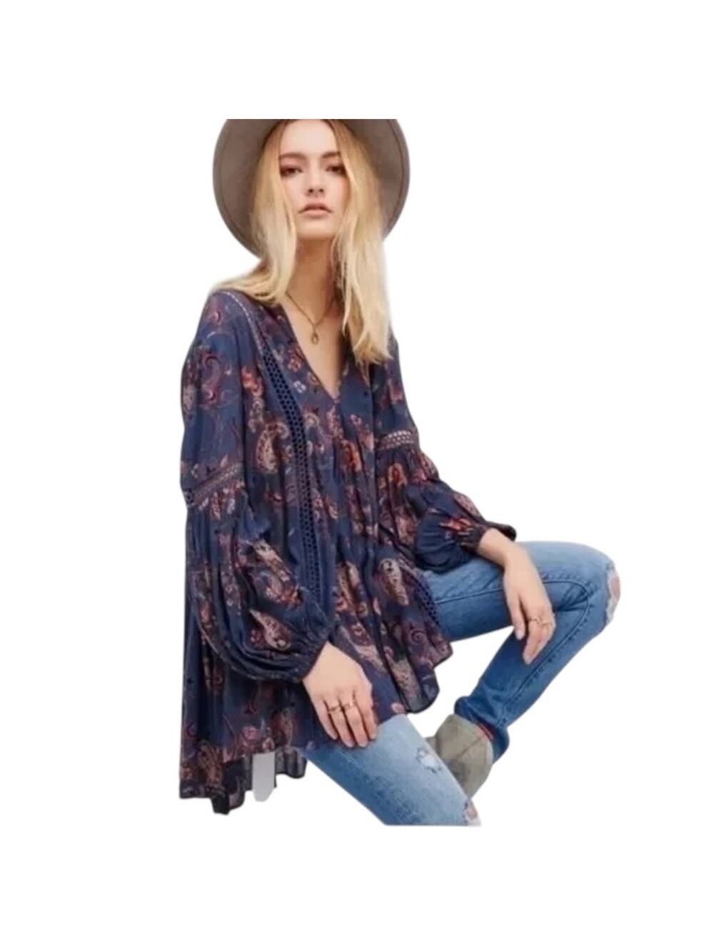 Free People Just The Two Of Us Blue Floral Boho Tunic Top Small